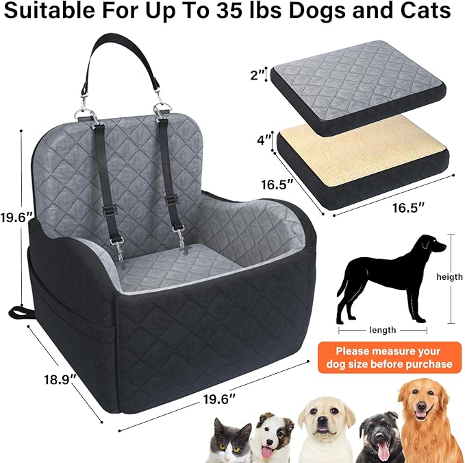 Dog Booster Car Seat, 6in Memory Foam Adjustable Booster Cushion for Small/Medium Dogs, Detachable and Washable Dog Car Seat with Cooling Mat, Pet Booster Seat with Storage Pockets, 2 Safety Belts