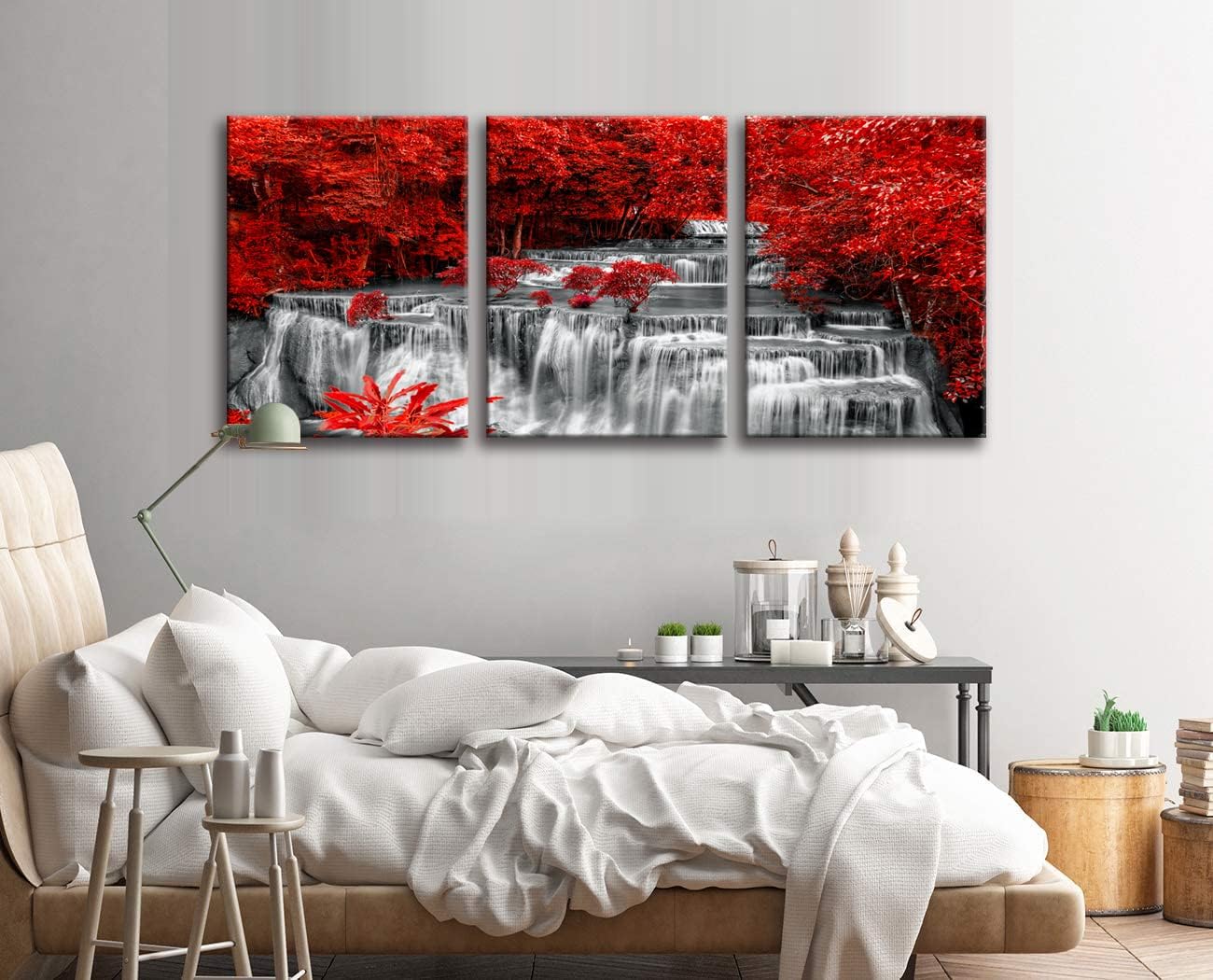 Yxbhhym Black White and Red Waterfall Canvas Wall Art Forest Paintings Waterfall Artwork for Wall Print Landscape Wall Picture for Living Room Wall Decor Large Framed Wall Art -24x48inches