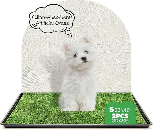 Dog Grass Pad with Tray, 23×16in Small Litter Box, 2×Grass Pad for Dogs Potty Washable, Thick Soft Odor-Free Hemmed Dog Pee Grass, Indoor Puppy Potty Training Balcony (Without Grid)