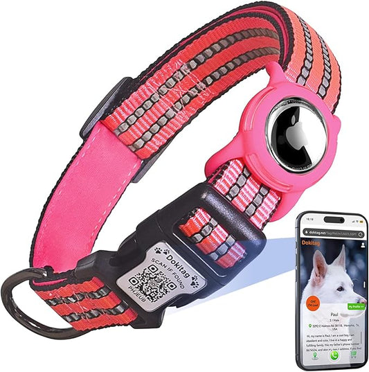 Reflective Dog Collar with Apple AirTag Holder & QR Code Pet ID Tag,Soft Nylon Adjustable Dog Tracker Collar with Safety Lock for Medium Dogs (Rose Red, M)