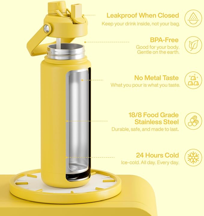 Insulated Water Bottle with Straw Stainless Steel Water Bottle, Leak-Proof, BPA-Free, Double Wall Vacuum Keeps Cold for 24 Hours for Sports, Travel, School (32 oz, Elfin Yellow)