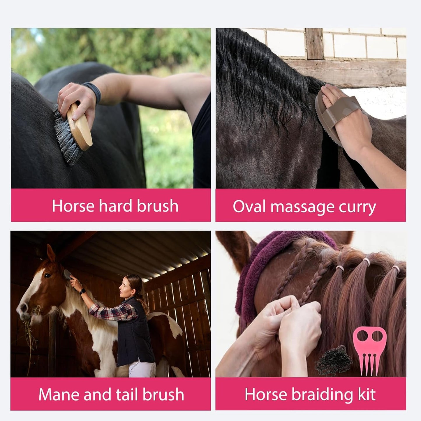 Horse Grooming Kit 13 Piece, Horse Brushes for Grooming Supplies with Tote Bag, Horses Tack Brush Set for Effective Grooming and Cleaning, Gift for Horse Riders Beginners (Pink)