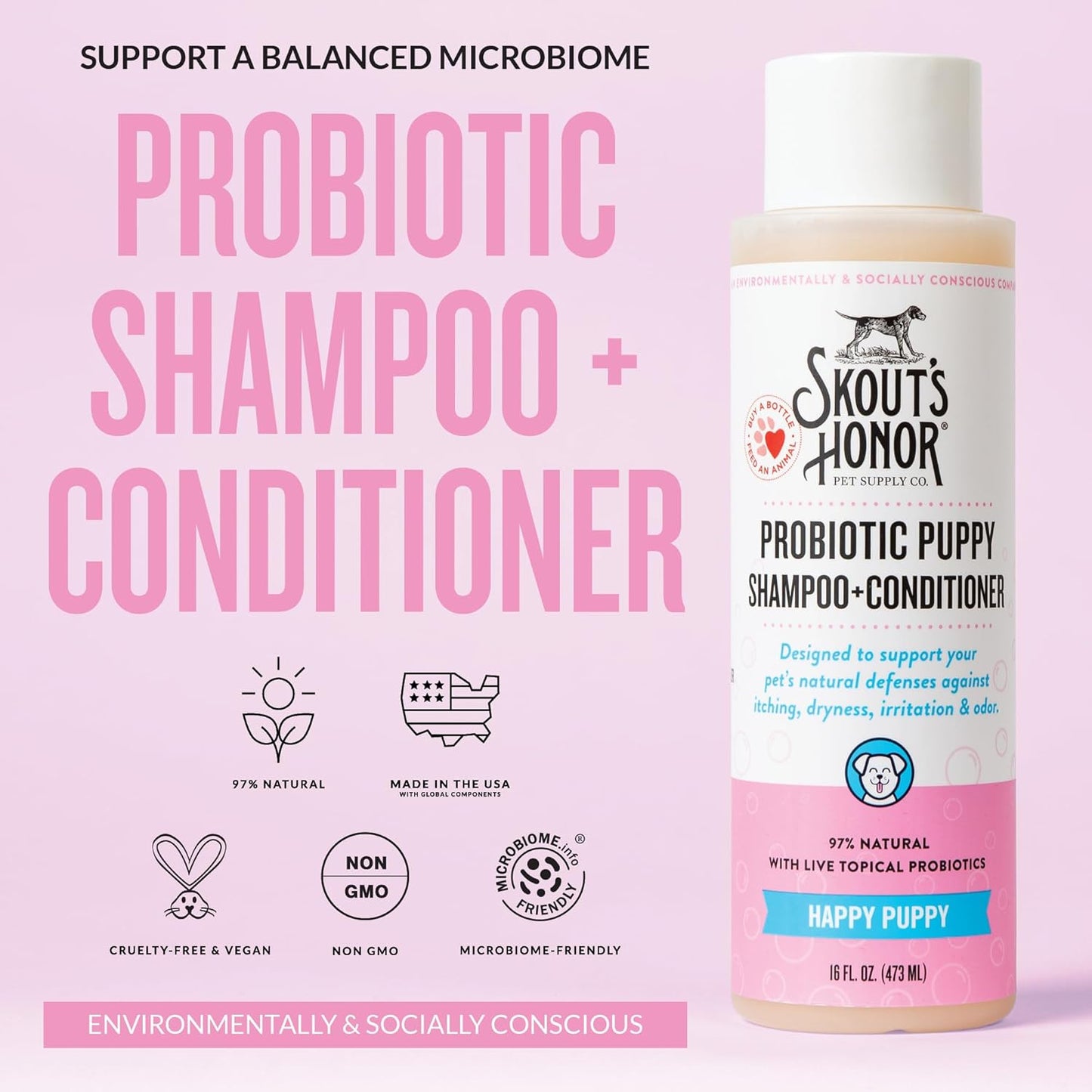 Skout's Honor Probiotic Dog Shampoo & Conditioner with Avocado Oil & Omega-3s, 97% Natural, Paraben & Sulfate-Free, Cruelty-Free, 16oz, Happy Puppy, 2-Pack