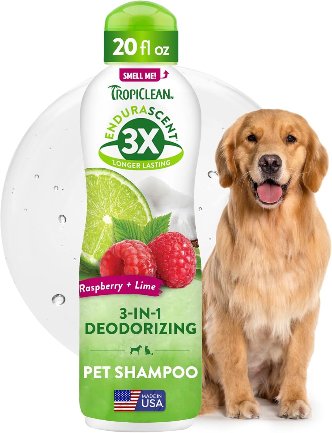 TropiClean Deodorizing Dog Shampoo, Powerful Odor Control, Long-Lasting Raspberry Lime Scent, Puppy Safe, Made in The USA, Cat Friendly, 20oz.