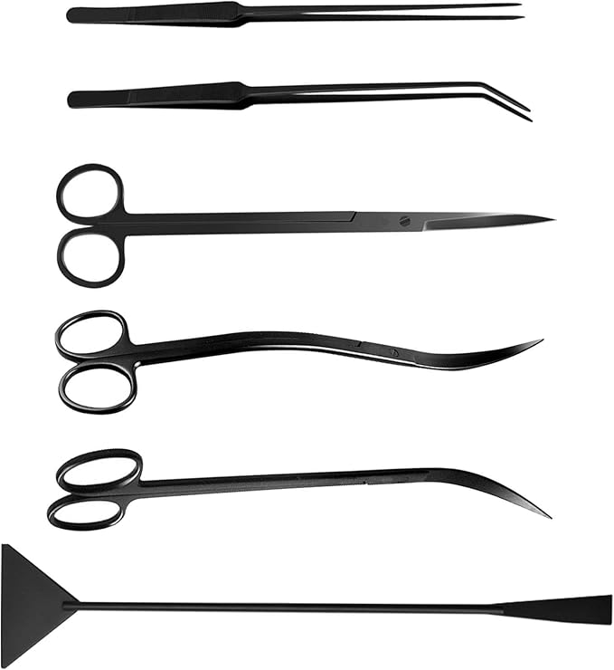 Aquascaping Tools 7 in 1 Kit Aquarium Plant Scissors Tools Set Curved & Waved Scissor Tweezers Spatula Stainless Steel Anti Rust Tools for Aquascape Black