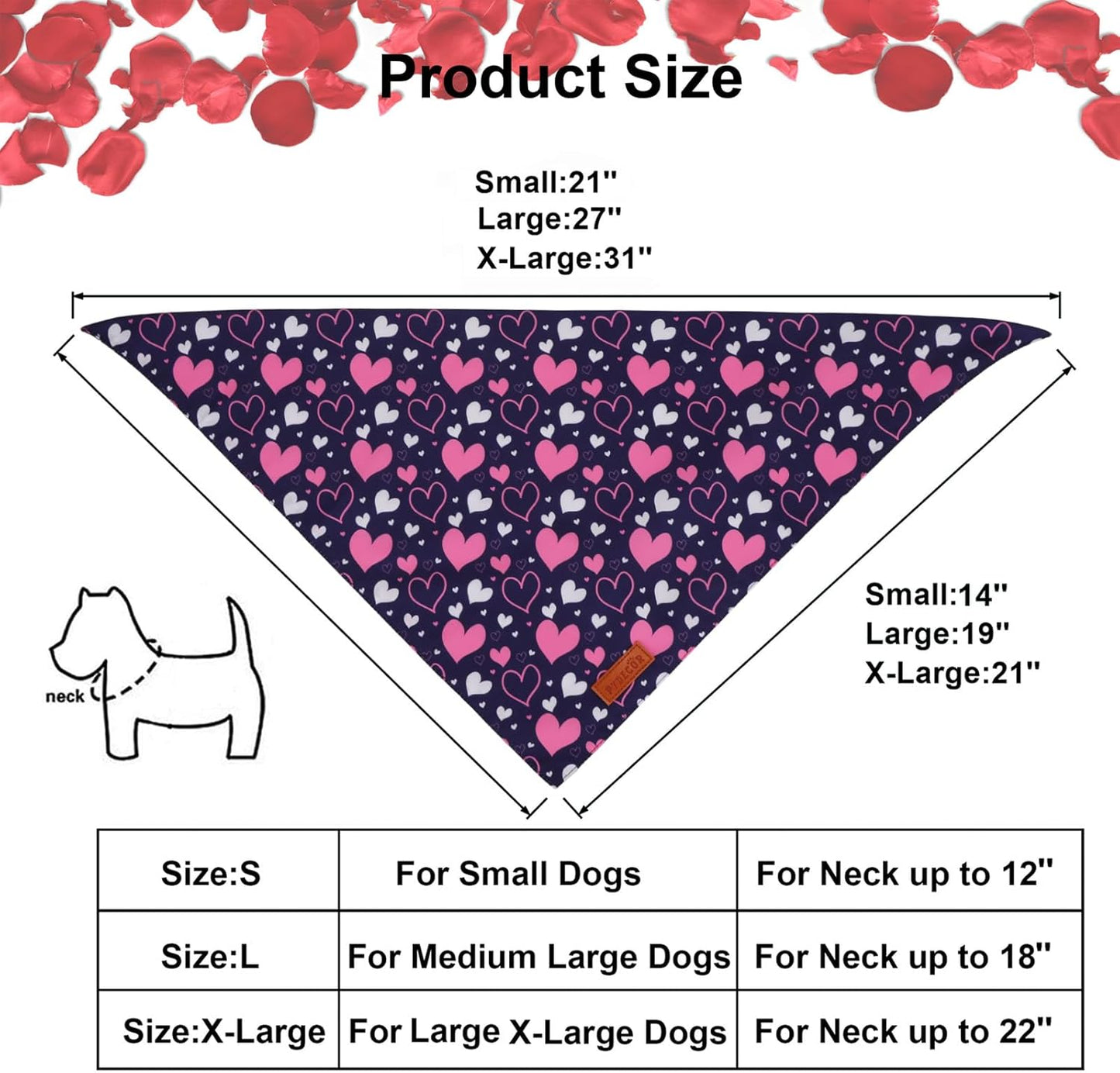 PTDECOR Valentine Dog Bandana, White Purple Love Heart Design Reversible Dog Scarf, Triangle Valentine Bandanas for X-Large Pets (X-Large)