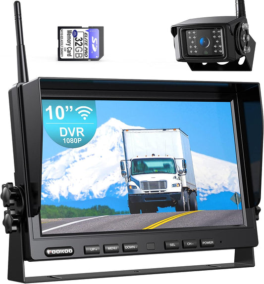 Fookoo HD 1080P 10" Wireless Backup Camera, 10-inch Dual/Quad Split Monitor, Supports 4 Cameras, IP69 Waterproof Rear View Camera Parking Lines, Recording w/ 32GB SD Card for RV/Trailer/Truck (DW101)