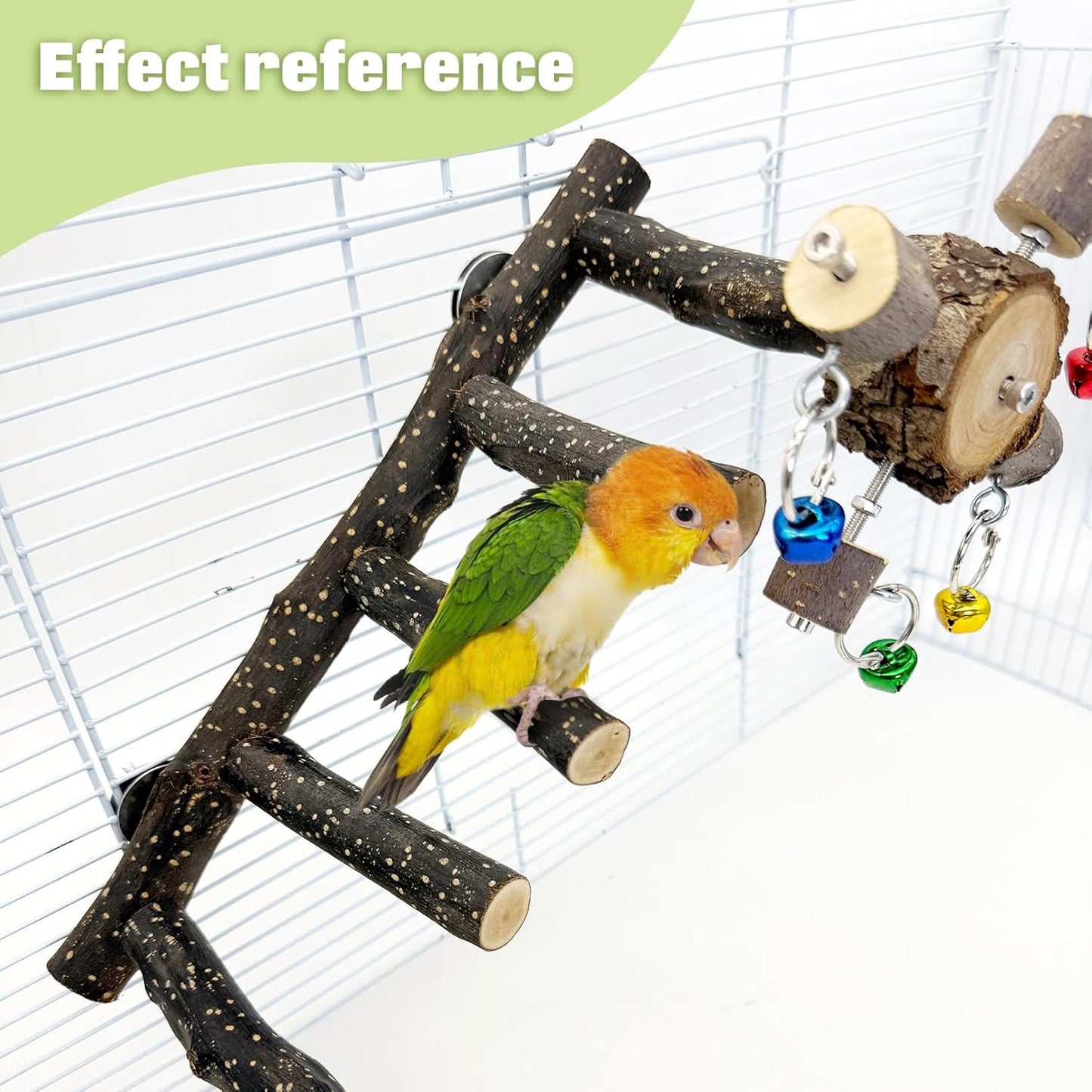 BNOSDM Natural Wood Bird Ladder Perch with Rotating Bell Toys-Exercise Stands for Parrot Climbing Chewing Parakeet Bridge Cage Accessories for Cockatiel, Conures, Lovebirds, Budgie