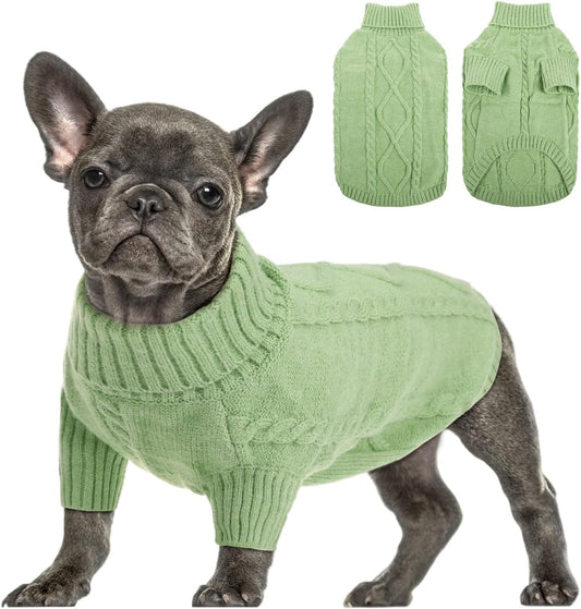 Queenmore Small Dog Pullover Sweater, Cold Weather Cable Knitwear, Classic Turtleneck Thick Warm Clothes for Chihuahua, Bulldog, Dachshund, Pug, Yorkie (Green, Small)