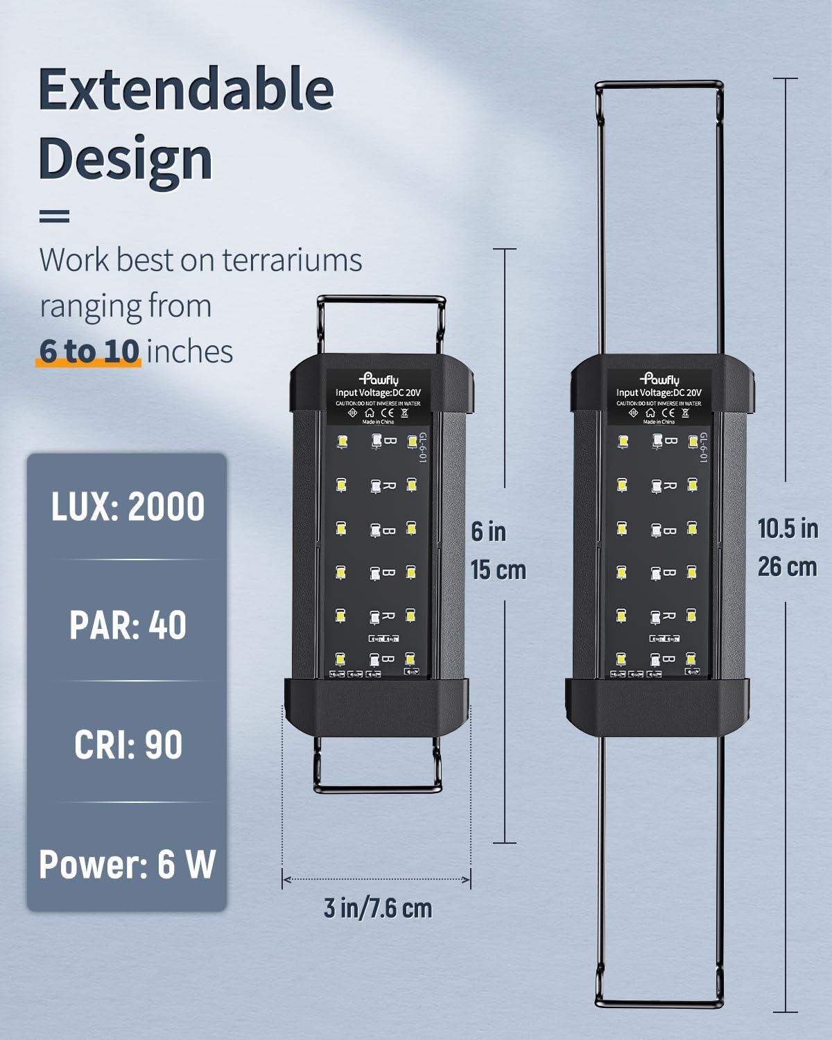 Pawfly 6 W Terrarium Light for 6" to 10" Terrariums Extendable Reptile Tank Light with Full Spectrum Brilliant White Blue Red Lights with Day & Night Modes and Adjustable Brightness