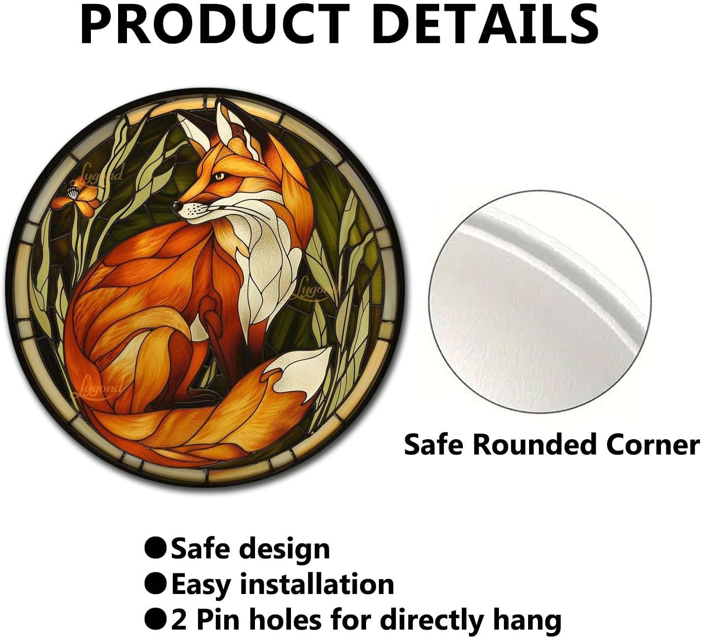 Lygond Metal Sign Tin Sign Circular Stained Glass Red Fox Wall Art for Bar 8×8 Inches