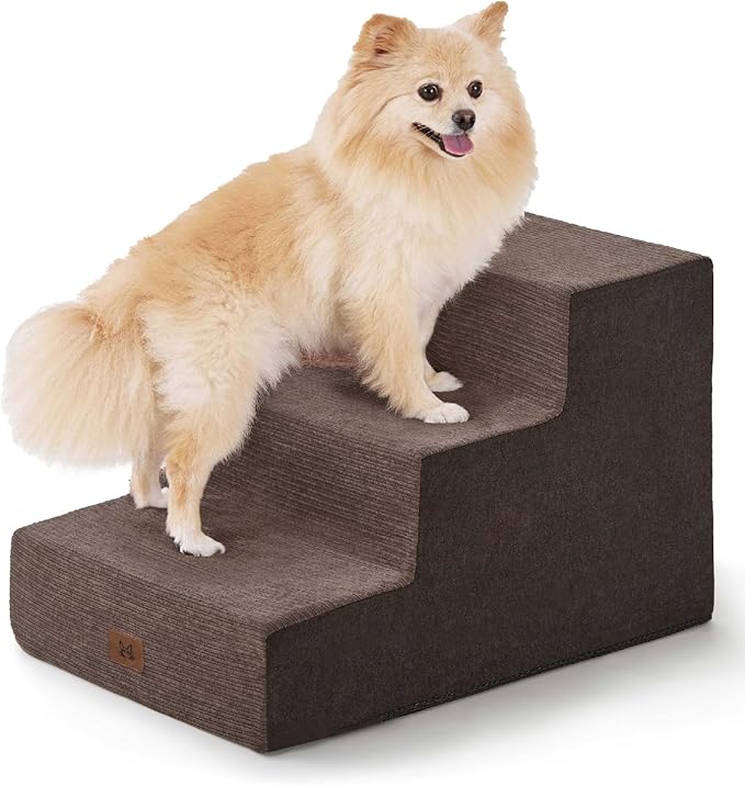 Dog Stairs for Bed, Dog Steps for Bed Couch Sofa, 35D Foam Pet Steps for Small Dogs and Cats, Extra Wide Pet Stairs with Non-Slip Bottom Brown, 3 Steps