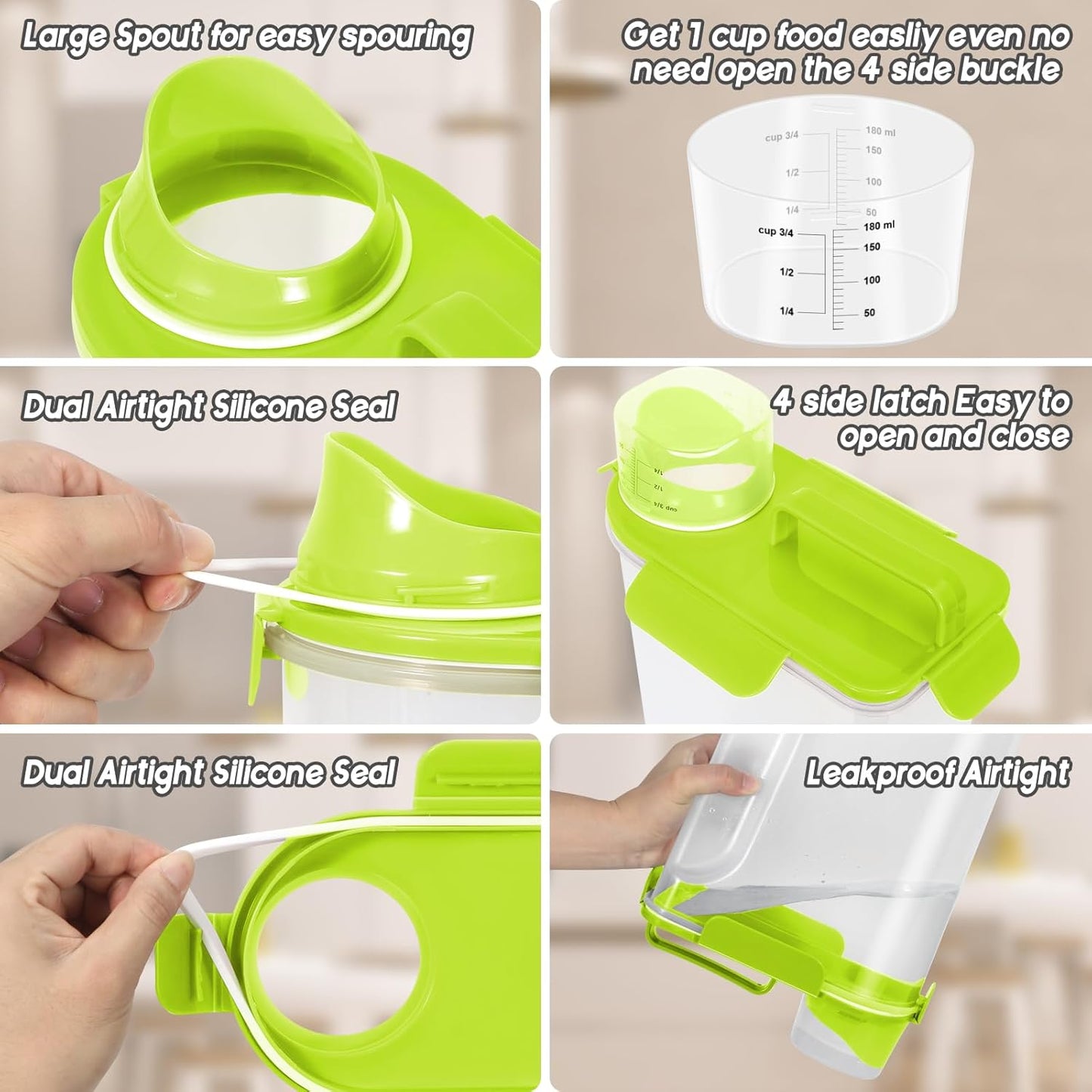 5-7Lbs Cat Dog Storage Container, Portable Pet Food Containers with Upgraded Large Spout and Cup, Small Animal Kibble Dispenser for Bird Seed, Oatmeal, Rice, Flour (2, Bright Green, 5L)