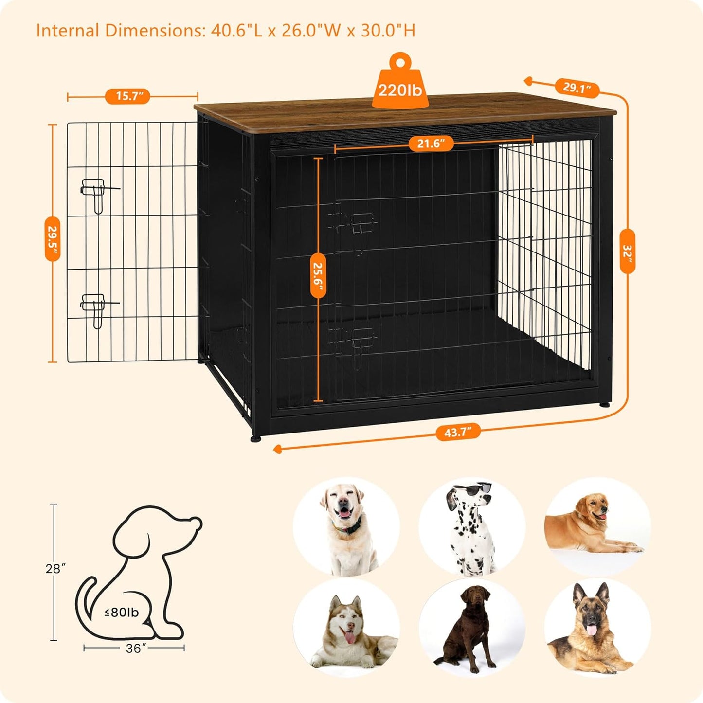 DWANTON Dog Crate Furniture with Cushion, Wooden Kennel Table with Double Doors, Indoor Dog House, Extra Large Size, 43.3" L, Black+Warm Brown