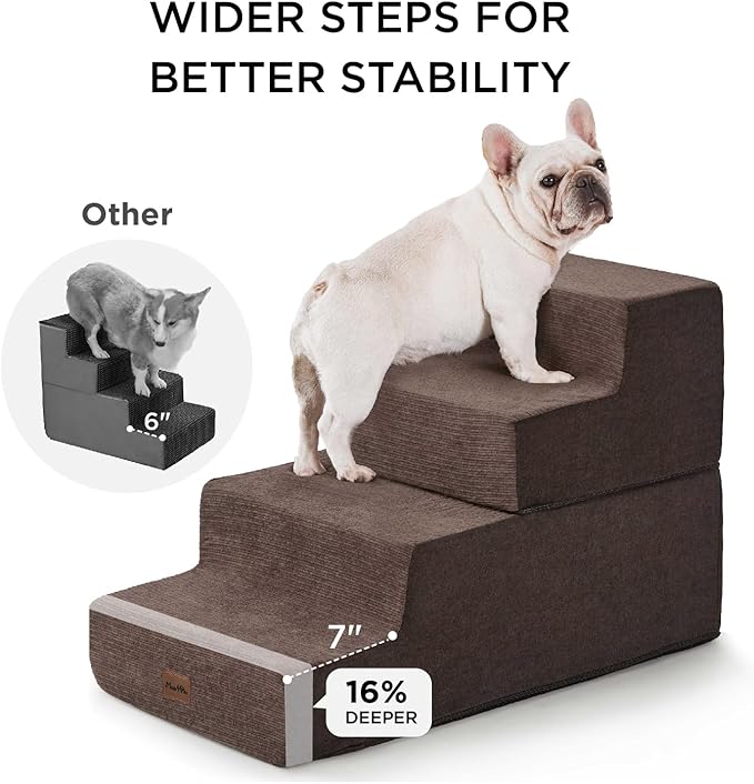 Made4Pets Dog Stairs for Small Dogs, Extra Wide Dog Steps for Bed Couch Sofa and Chair, 35D Foam Pet Steps for Small Dogs and Cats, Non-Slip Bottom Pet Stairs, Brown, 3 Steps