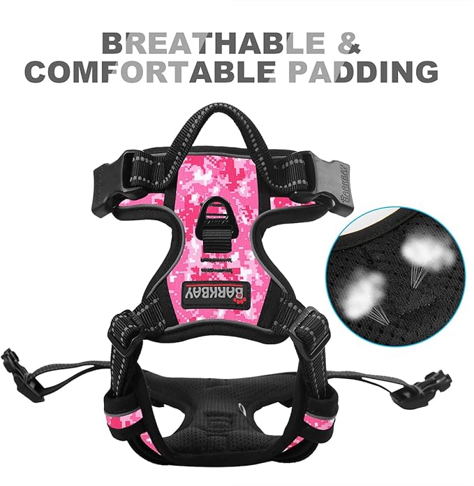 BARKBAY No Pull Dog Harness Front Clip Heavy Duty Reflective Easy Control Handle for Large Dog Walking(Pink camo,S)