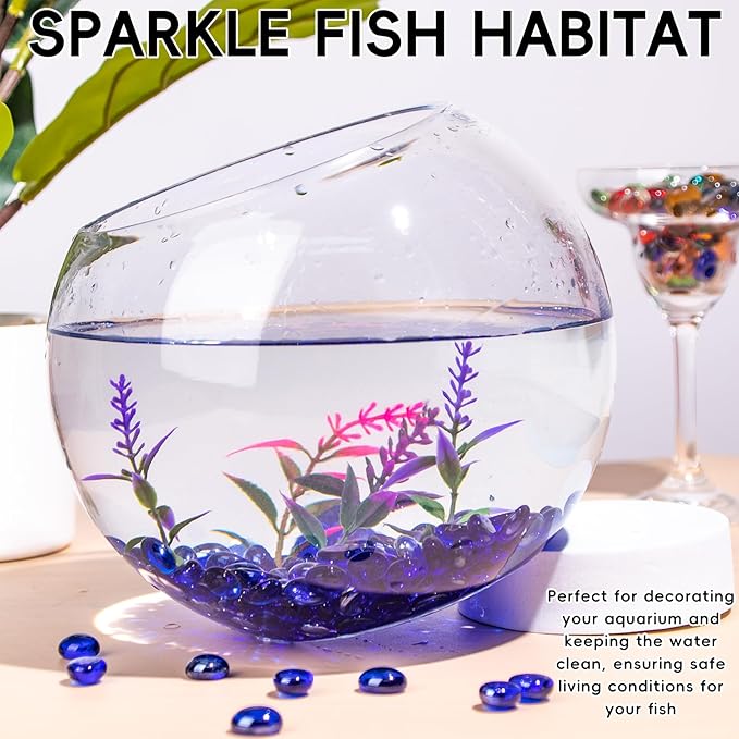 1 LB Blue Glass Marbles, Mini Flat Glass Beads~150 PCS for Vase Fillers, Floral Bottom Mancala Gems Pebbles Fish Tank Rocks for Table Aquarium,Home Decor Art Craft Supplies(0.5"~0.7")