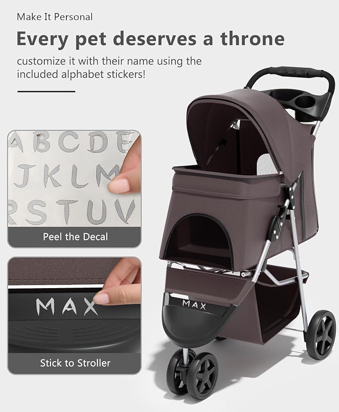 Pet Stroller with 3 Wheels for Small/Medium Pets, Portable Travel Foldable Carrier Jogger for Dog Cat Puppy Kitty, Rear Wheel Breaks, Storage Basket, Visible Mesh with Weather Cover (Coffee)