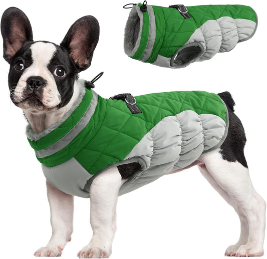 FUAMEY Dog Coat for Medium Dogs,Waterproof Dog Winter Jacket with Harness Built in Puppy Cold Weather Coats Reflective Pet Vest with Zipper Warm Fleece Dogs Snowsuit Windproof Green M