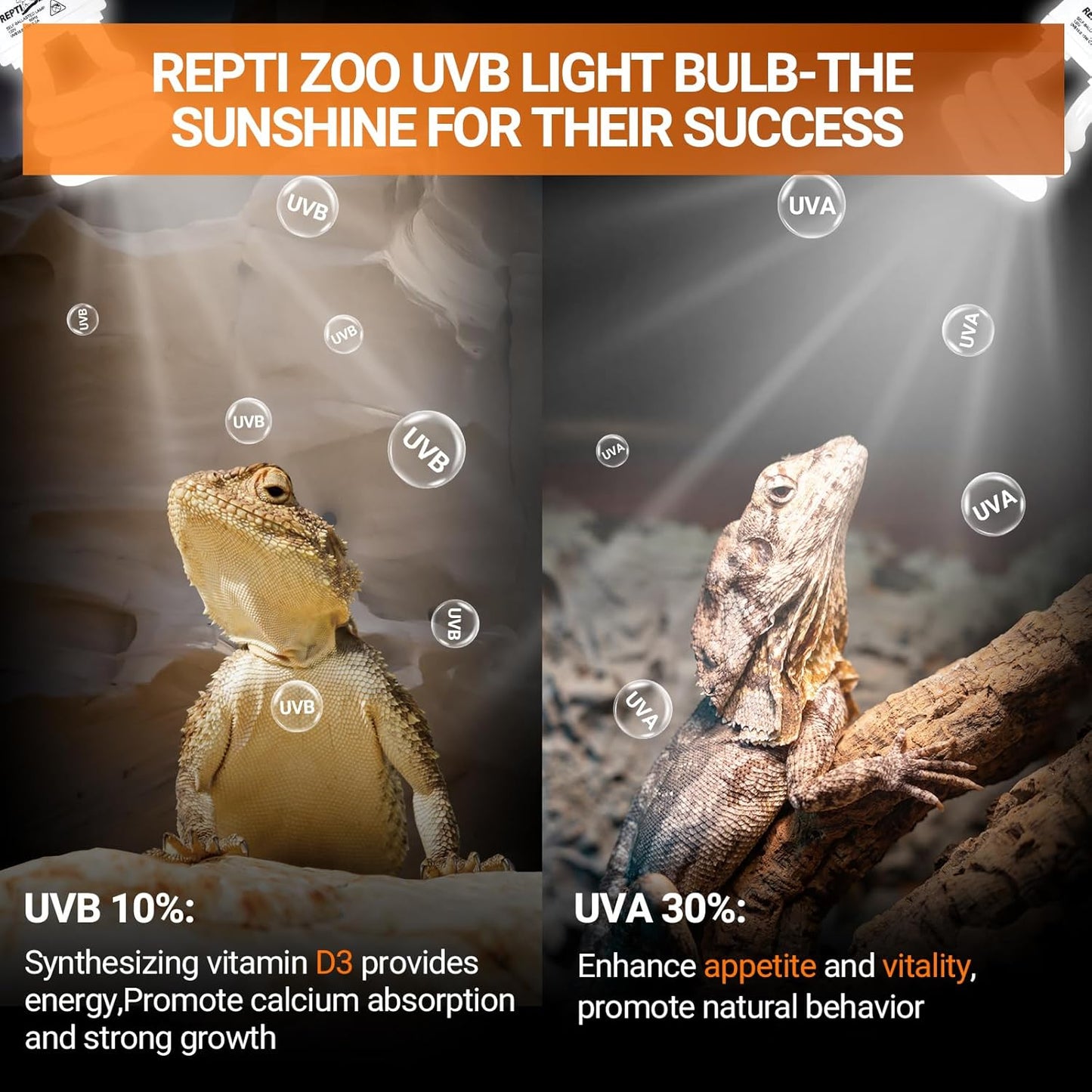 REPTI ZOO UVB Light for Desert Reptile 2 Pack, 10.0 15W UVA UVB Reptile Light Bulb, UVB Lamp for Bearded Dragons Tortoises Lizards Snakes