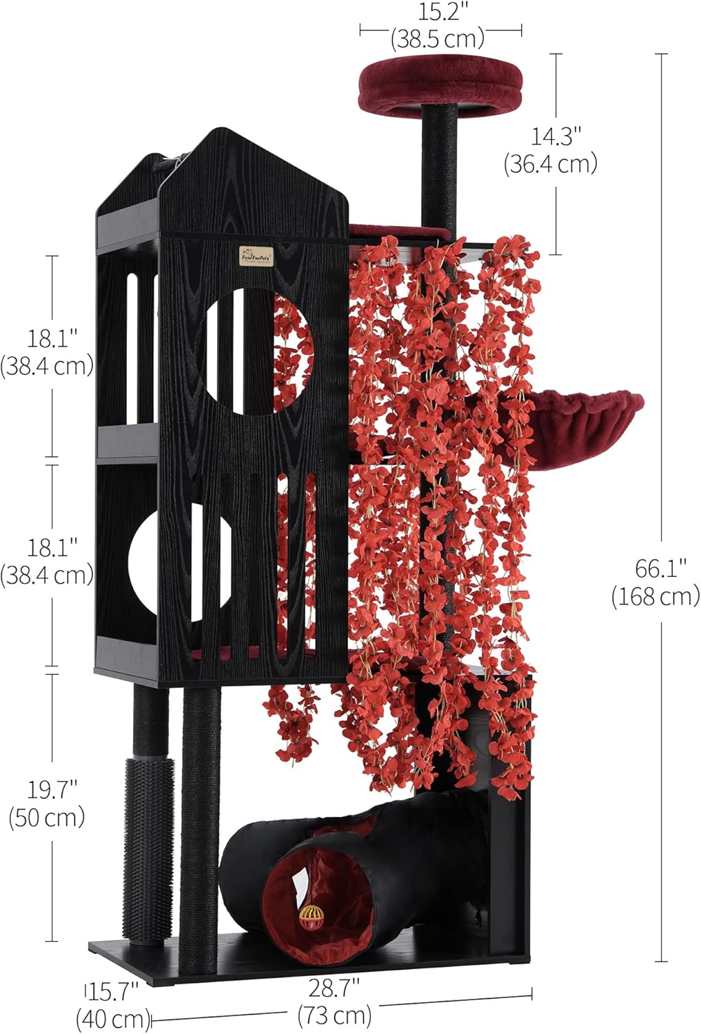 FourFurPets Gothic Cat Tree, 67" Cat Tower for Indoor Cats, Maine Coon Cat Tree for Large Cats 20 lbs+ with Extra-Large Padded Platform, Sisal-Covered Scratching Posts, Comfy Basket, Black & Red