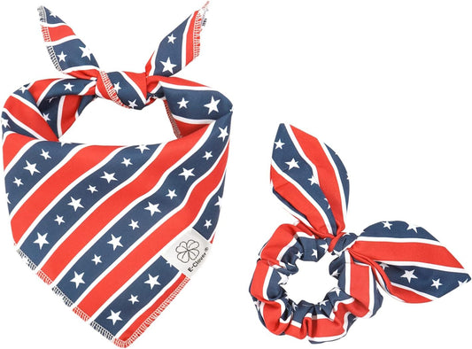 E-Clover 4th of July Dog Bandanas & Matching Scrunchie Set American Flag Dog Scarf for Medium Large Dogs Patriotic Pet Bandana Kerchief Bibs Owner Mom Matching Gifts