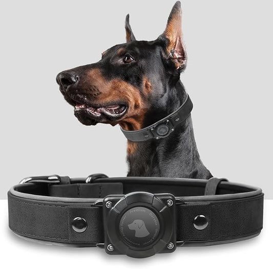 AirTag Dog Collar - Leather Dog Collar with Air Tag Holder | IPX8 Waterproof, Reflective, High - End, Adjustable Soft Padded | Dog GPS Tracker Collars Fit for Medium Large Dogs (Black, L)