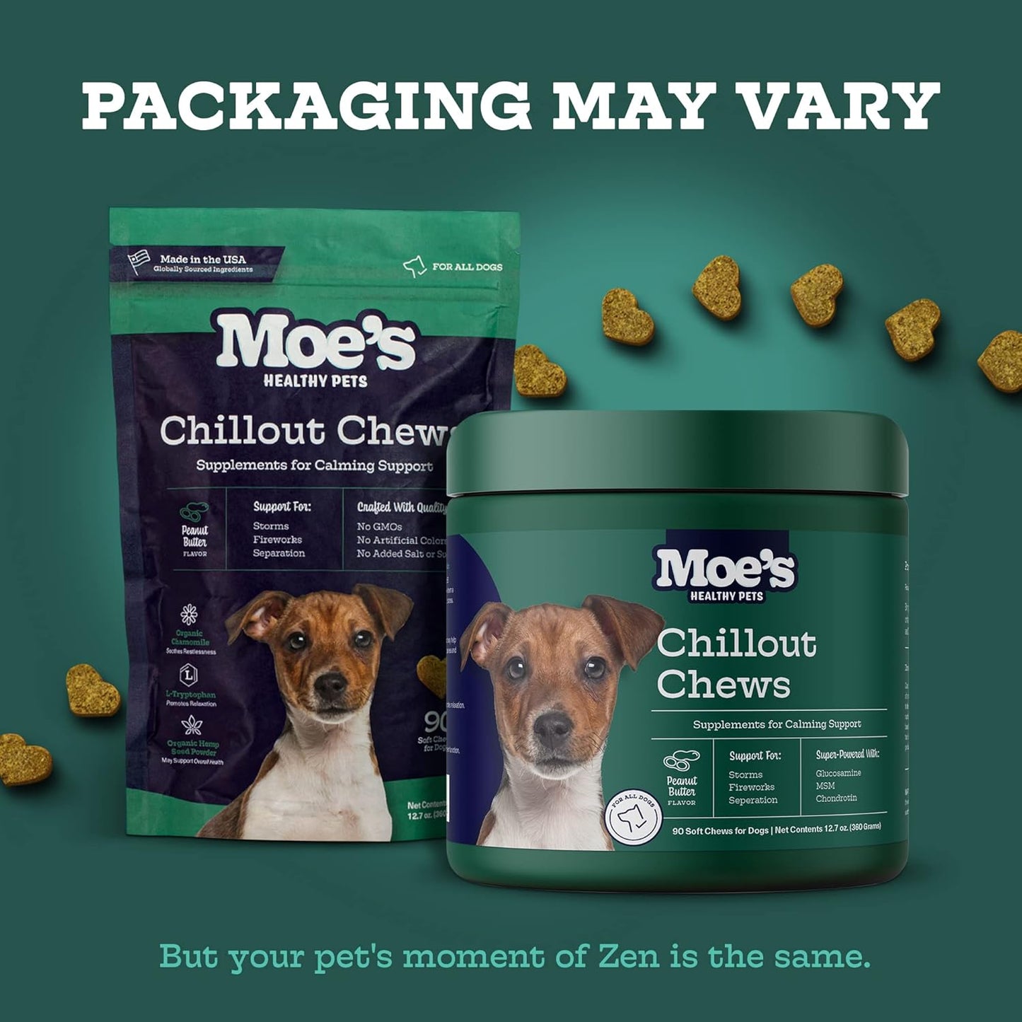 Moe’s Calming Chews for Dogs 90ct – Natural Anxiety Relief with Hemp, Chamomile, and Tryptophan – Calming Dog Treats for Separation, Fireworks, Travel and Storms (Peanut Butter)
