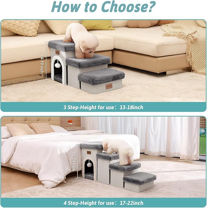 Dog Stairs for Small Dogs with Storage and Condo, 14" H Foldable Pet Stairs for Small Medium or Puppy Dogs and Older Cats, Dog Steps for Bed or Couch, 13x27x14 inch, 3 Tiers, Grey