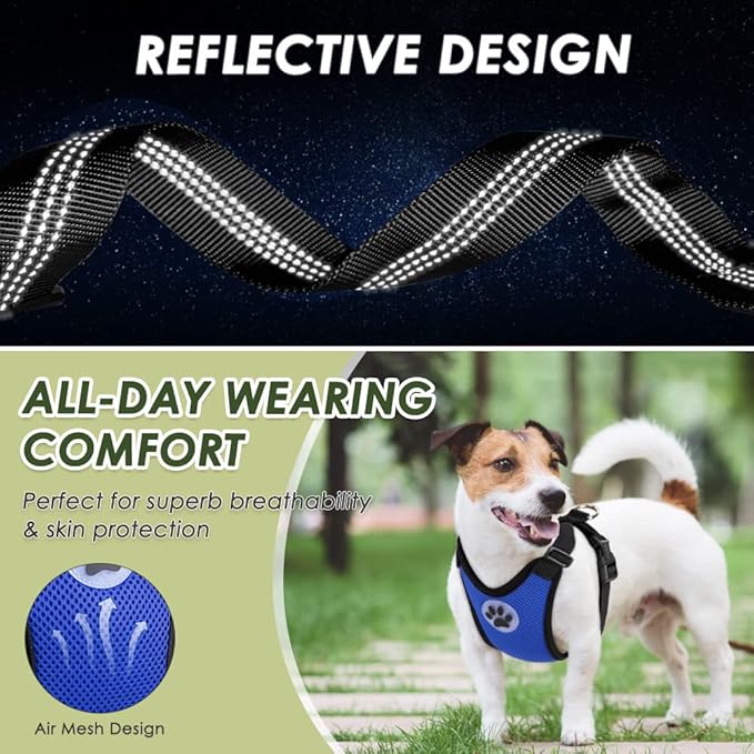 SlowTon Dog Seat Belt Harness for Car, Dog Car Harness Adjustable Mesh Breathable & Dog Seatbelt Safety Tether with Elastic Bungee for Small Medium Large Pets(Blue, Double Clip, XS)