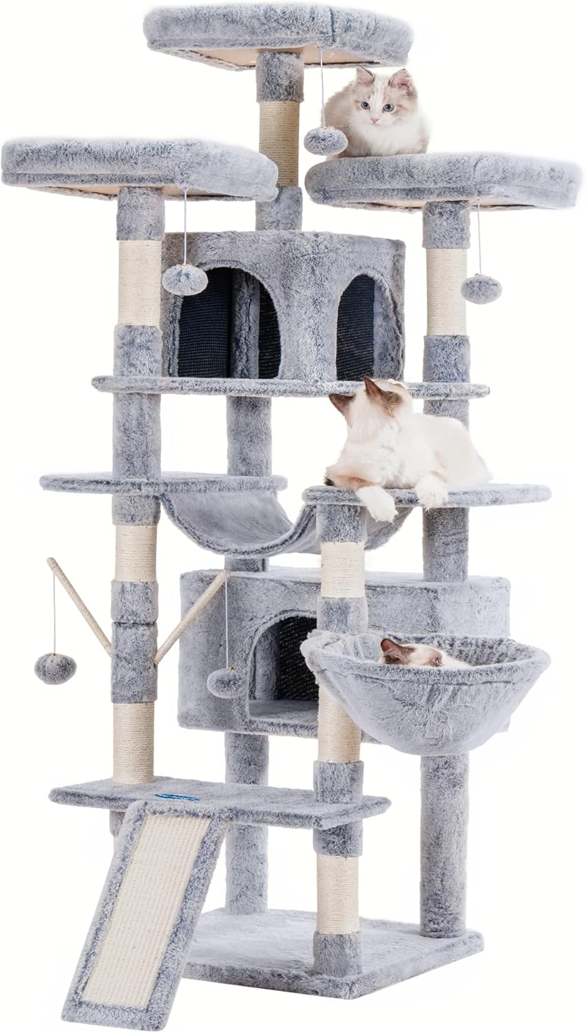Hey-brother Cat Tree, 71 inches XL Large Cat Tower for Indoor Cats, Multi-Level Cat House with 3 Padded Perches, Big Scratcher, Cozy Basket, 2 Cat Condos and Scratching Posts,Pewter MPJ034PE
