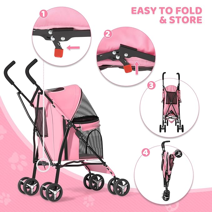 Magshion Compact Pet Stroller for Small-Medium Dogs/Cats up to 22lbs, 4-Wheel Lightweight Umbrella Shaped Portable Puppy Travel Jogger with Breathable Mesh & Rear Storage, Pink