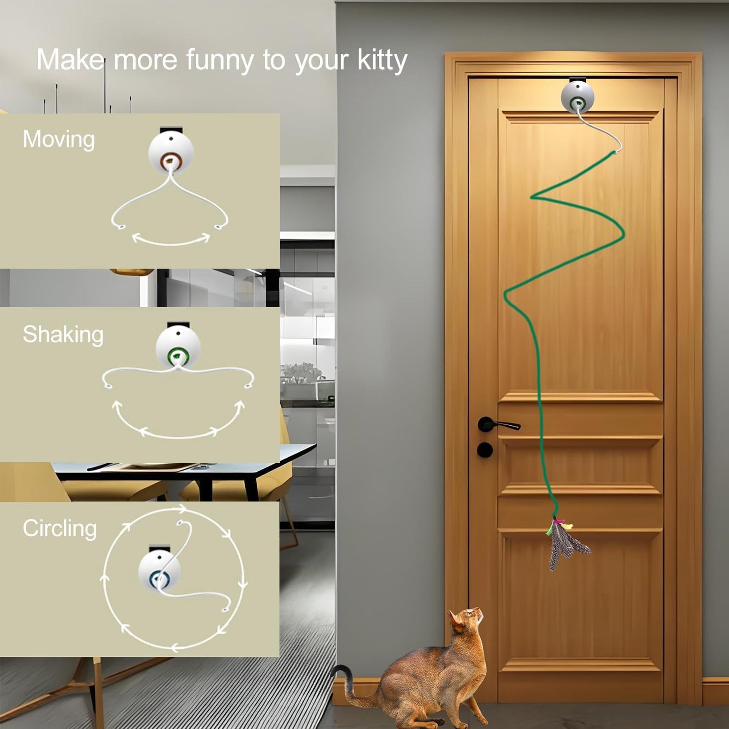 Cat Toys Interactive for Indoor, Cats Toy Hanging Door Electric for Bored, Feather Toy Kitten Rechargeable Door Hanging Automatic String with 4pcs Feather Toys, White