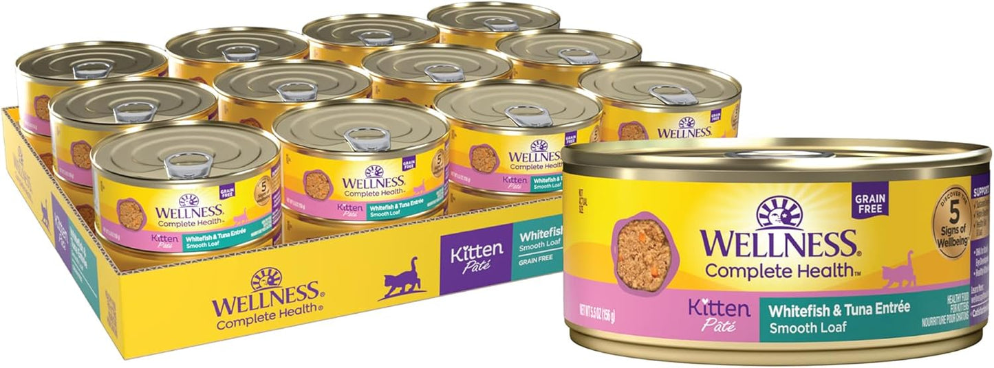 Wellness Complete Health Pate Kitten Wet Cat Food, Natural, Protein-Rich, Grain Free, 5.5 Ounce, 24 Pack, (Whitefish & Tuna)