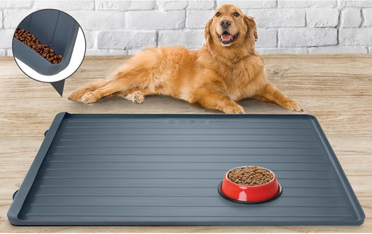 Dog Mat for Food and Water - 39.4" x 27" Large Pet Feeding Mats with Residue Collection Pocket - Waterproof Dog Cat Bowl Mat with High Edges to Prevent Water and Food Spills (Dark Grey)