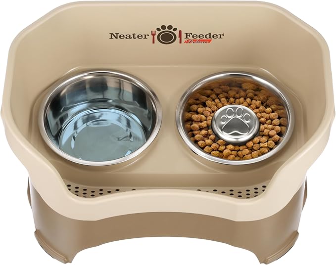 Neater Feeder Deluxe Mess Proof Dog Bowls Elevated for Large Breeds – Made in USA – No Spill Raised Slow Feeder Elevated Dog Bowl Stand, Stainless Steel Food and Water Bowl Set, Cappuccino