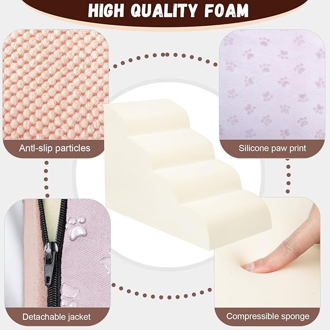 Dog Stairs for Small Dogs - High Density Foam Pet Steps, Extra Wide Dog Ramp with Non-Slip Bottom for High Beds, Couch and Sofa, Best for Dogs Injured, Older Doggy Cats,4 Stpes, Pink