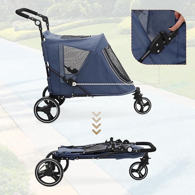 Athena Collection 3 Wheels Pet Stroller Fabric Dog Cart Dog Stroller for Large Dogs 55 Lbs Pet Stroller with Mesh Windows, Zipper Back Pocket, Safety Tether, Angle Adjustable Handlebar, Navy Blue