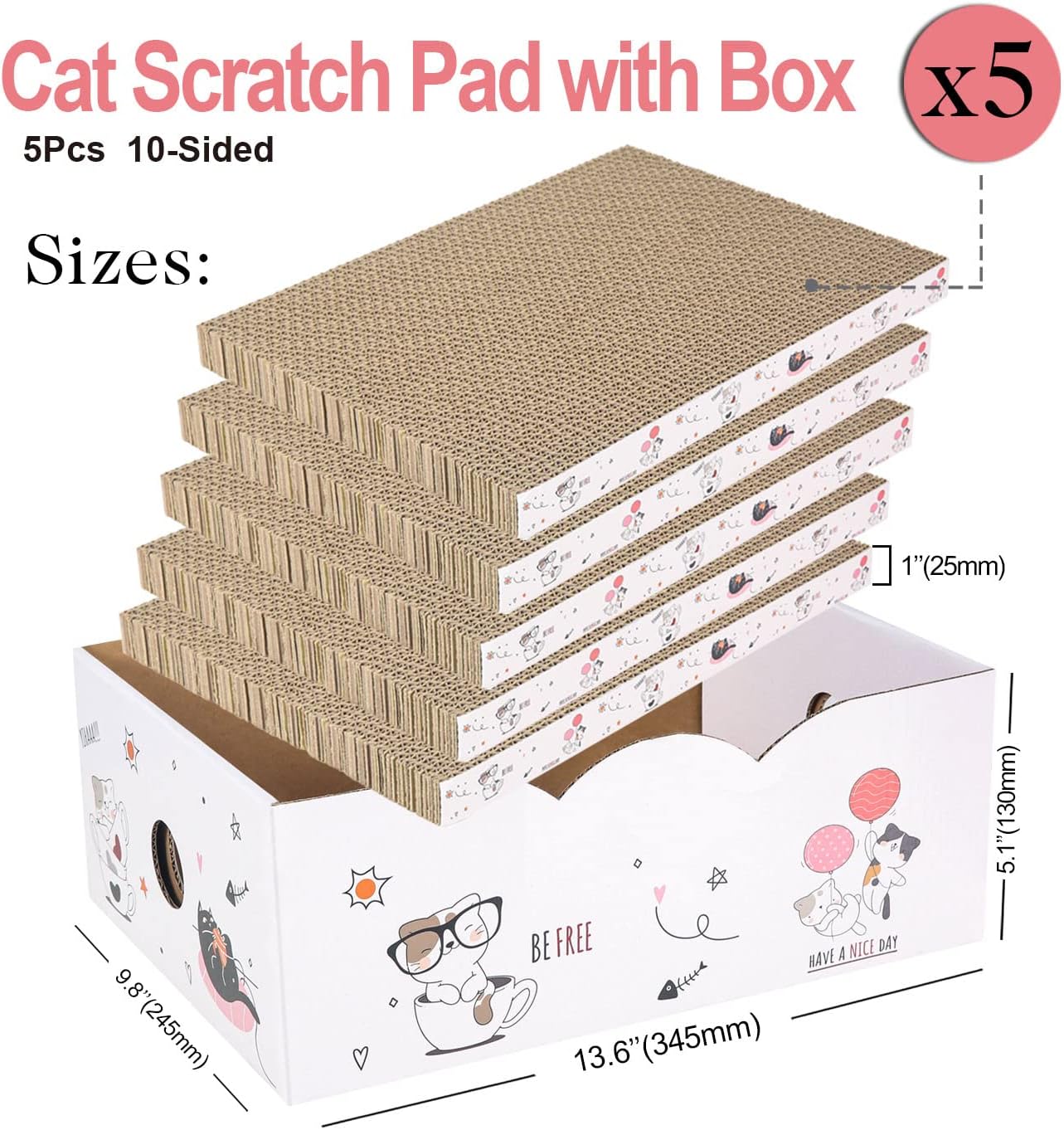 5 Packs in 1 Cat Scratch Pad with Box, Cat Scratcher Cardboard,Reversible,Durable Recyclable Cardboard, Suitable for Cats to Rest, Grind Claws and Play with Scratch Box