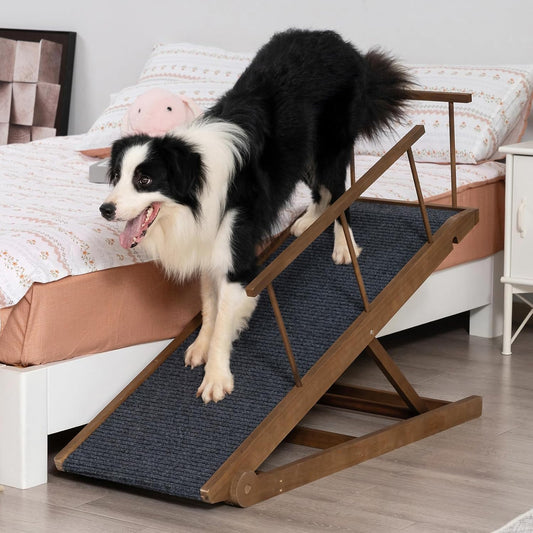 Dog Ramp for Bed Couch - Pet Steps Stairs to Get on Bed Couch 15.7"-23.6" High for Small or Large Dog Up to 200 lbs, Adjustable Wooden Dog Ramp Steps Foldable Portable, Anti-Slip Carpet (Brown)