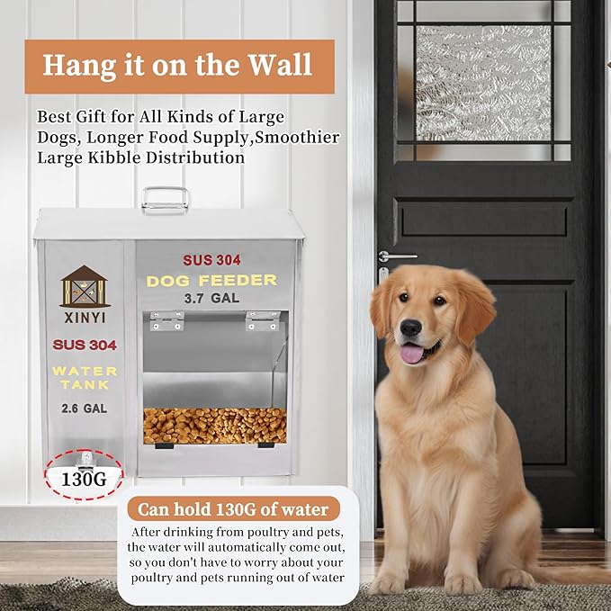 XINYI Automatic Dog Feeder and Waterer 2-in-1,SU304 Stainless Steels 2.6 Gallon Water Tank with 1 Aluminum Alloy Water Cup, 3.7 Gallon Dog Food Dispenser,Automatic Feeder for Pets, Breed, Cat