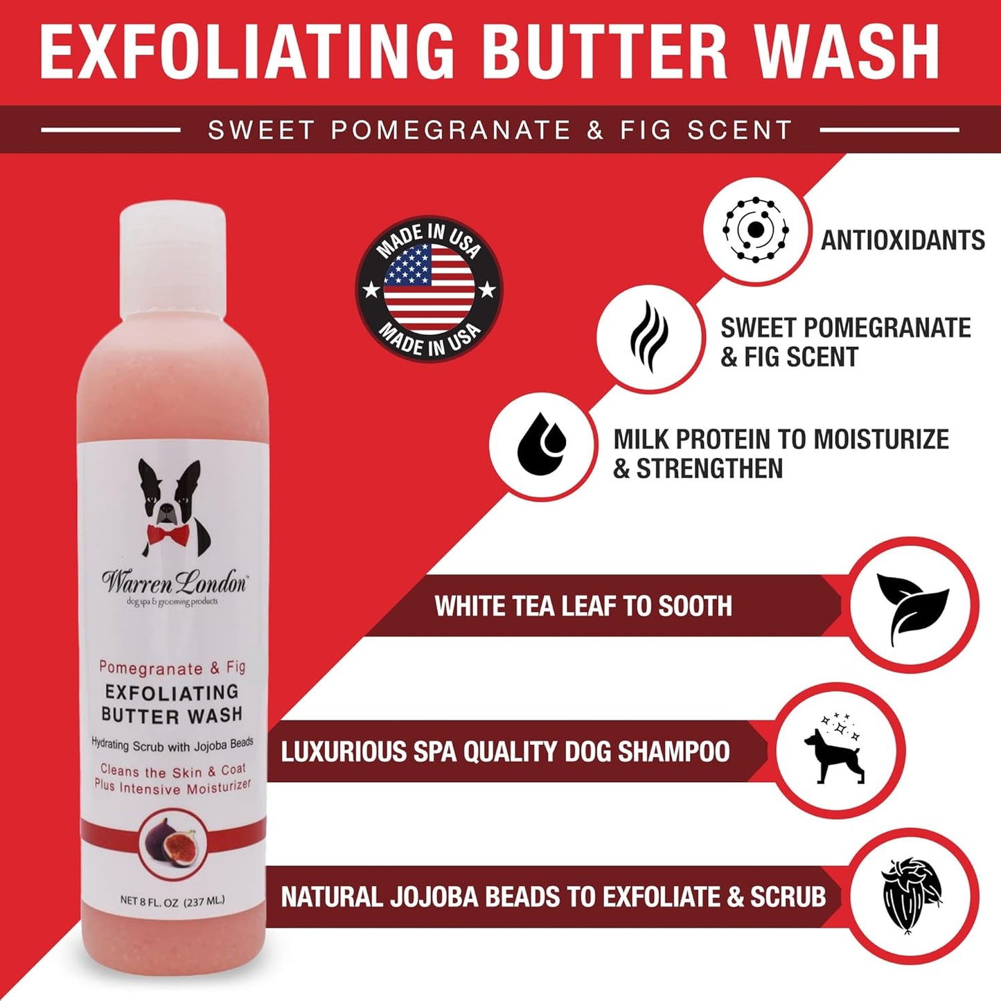 Warren London Exfoliating Butter Wash – Pomegranate & Fig Dog Shampoo, 8 oz | Cleans, Exfoliates & Conditions in One | Jojoba Beads Relieve Dry, Itchy Skin | Non-Oily Shine | Made in USA