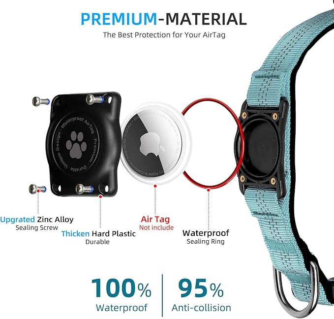 Upgraded AirTag Dog Collar, IP68 Waterproof Air Tag Dog Collar Holder, Reflective, Ultra-Durable, Comfortable Padded, Heavy Duty Dog Collars for Small Medium Large Dogs (XL (15.6"-22"), LightBlue)