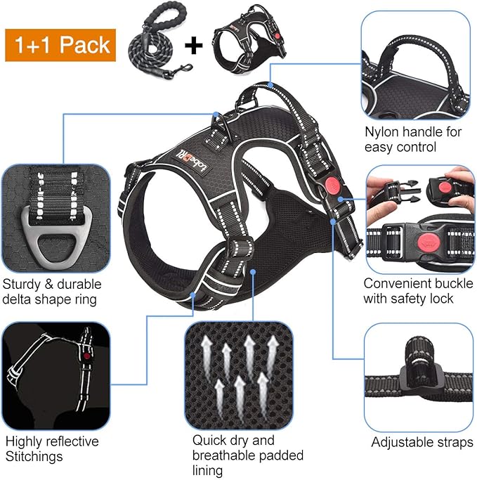 No Pull Dog Harness Adjustable Reflective Oxford Easy Control Medium Large Dog Harness with A Free Heavy Duty 5ft Dog Leash (M (Chest: 22"-26"), Black Harness+Leash)