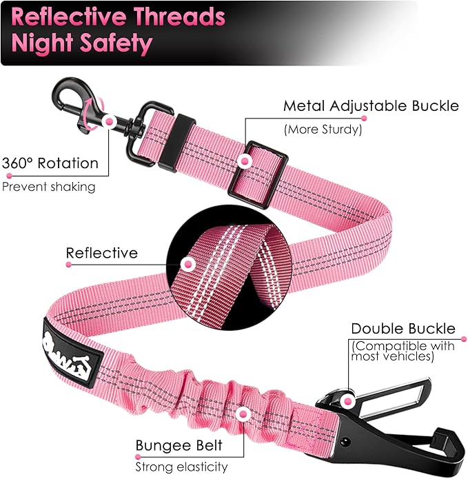 SlowTon Dog Seat Belt, Adjustable Dog Safety Belt Leash, 2 in 1 Latch Bar Attachment Dog Car Seatbelt with Elastic Nylon Bungee Buffer, Reflective Nylon Belt Tether(Pink,35.5in)