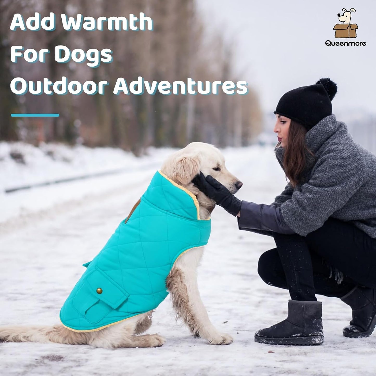 Queenmore Warm Dog Coat, Cold Weather Puffer Dog Coat Vest, Quilting Winter Pet Jacket Ultra Thick Plush Fleece Lining Pet Clothes for Dogs with Storage Pockets (Light Blue,Large)