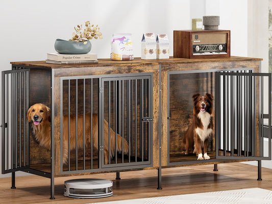 78 Inch Dog Cage Furniture for 2 Large/Medium Dogs with Removable Divider, Extra Large Double Doors Dog Kennel, XXL Thick Wooden Dog cage Furniture, Durable and Sturdy, Brown