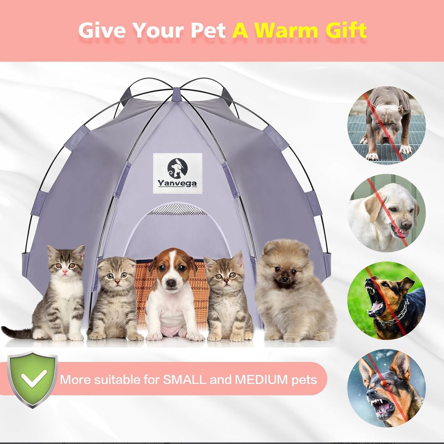 Yanvega Cat Tent Cat Beds for Indoor Cats Pet Supplies, 23.6" × 23.6" × 16.8" Cat Pop Up Tent Collapsible Cat House Cat Cave Outdoor, No Assemble Required High Elastic Frame with Ground Nail （Gray）