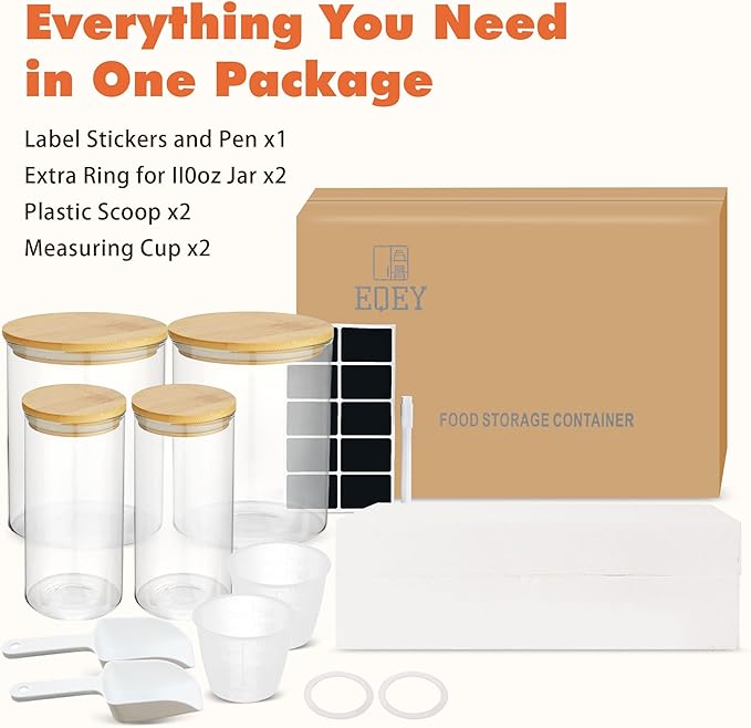 Glass Storage Jars Set Elegant Containers with Airtight Bamboo Lids, Perfect for Kitchen Organization - Flour, Rice, Pasta, Sugar, Coffee Beans (2 packs(37oz) / 2 packs(111oz))