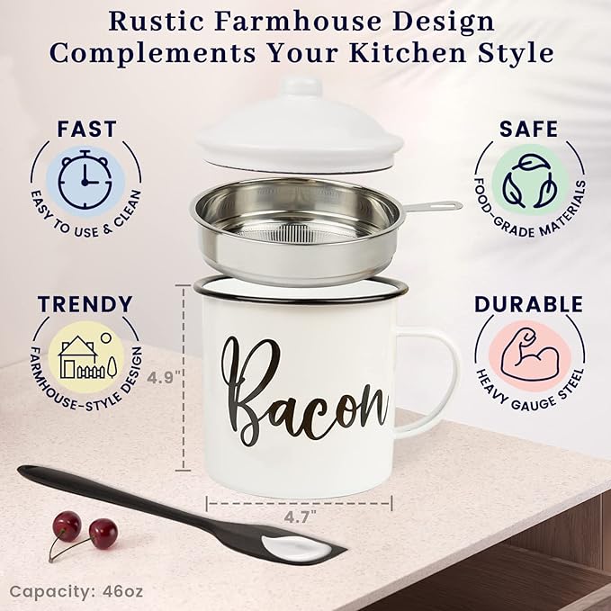 Bacon Grease Container with Strainer - With Food-Grade Silicone Spatula , 46oz Large Enamel Rustic Farmhouse Fat Container , Keeper , Recipes , Dishwasher Safe